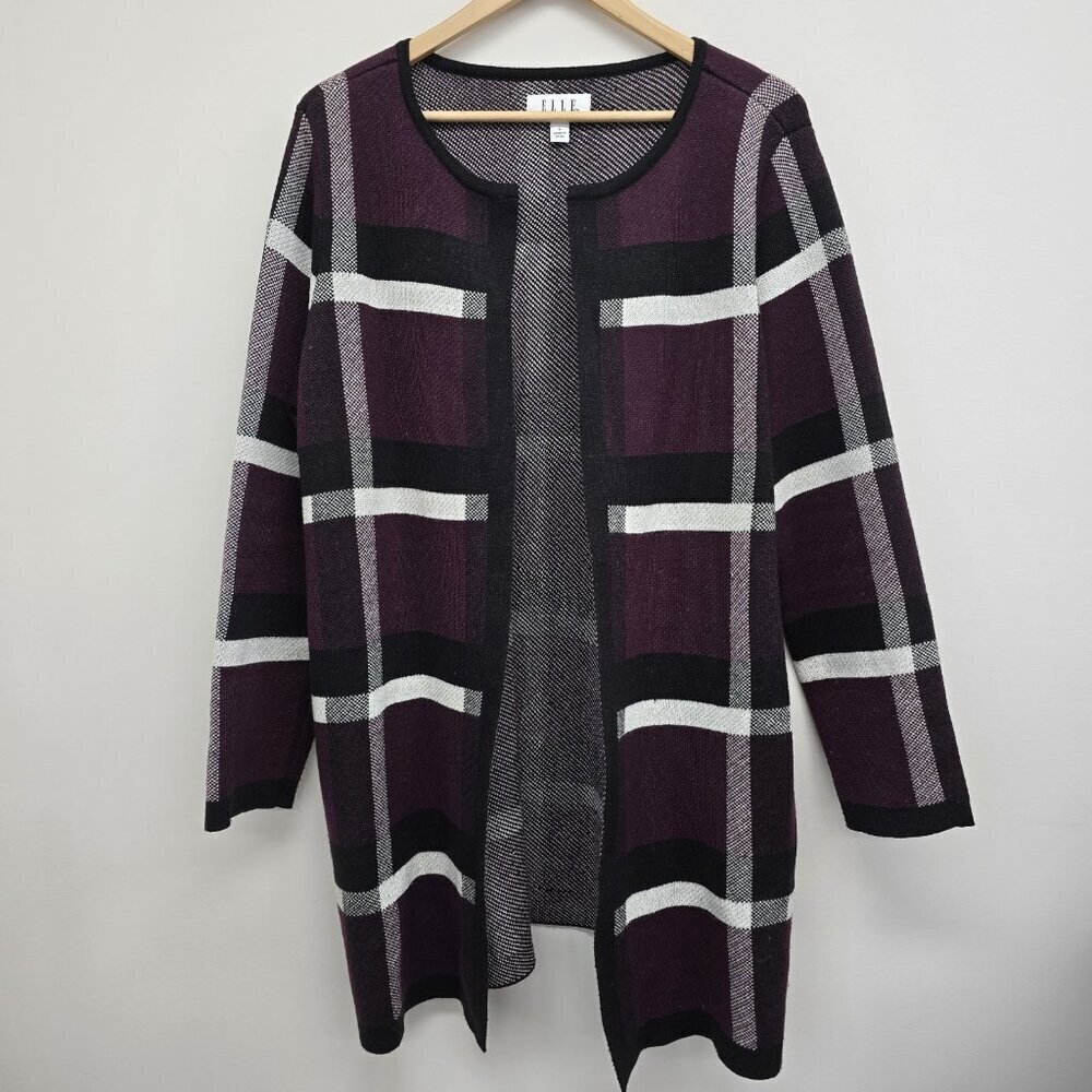 Elle Open Front Longline Cardigan Size Large Grid Windowpane Pattern Office